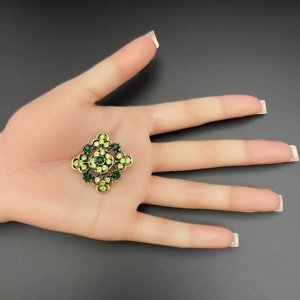 Yellow Gold with Emerald and Peridot Green Crystal Ornate Pin Back Brooch